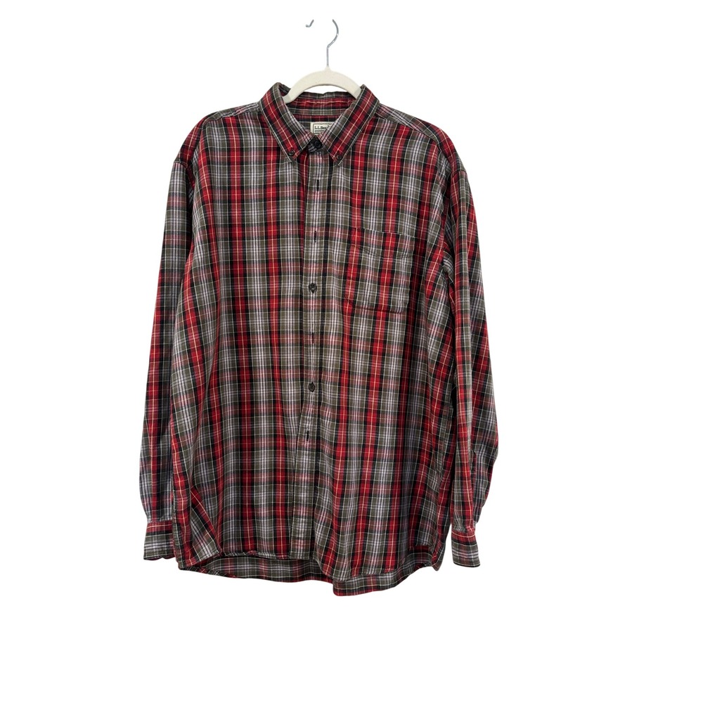 L.L. Bean Button Down Shirt Red Gray Plaid Long Sleeve Flannel L Large